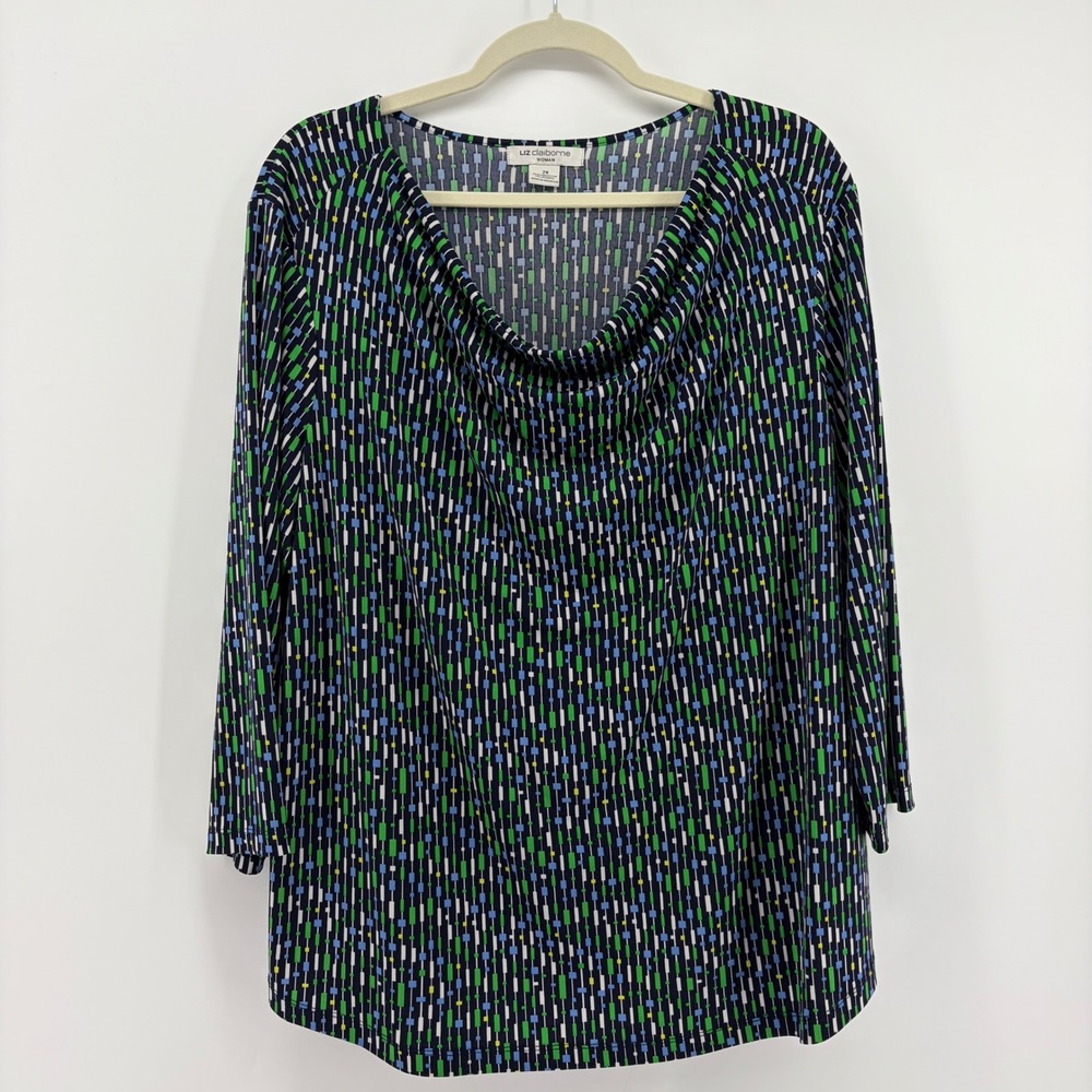 Liz Claiborne Top Multicolor Women 2X Cowl Neck 3/4 Sleeve Geometric Blouse